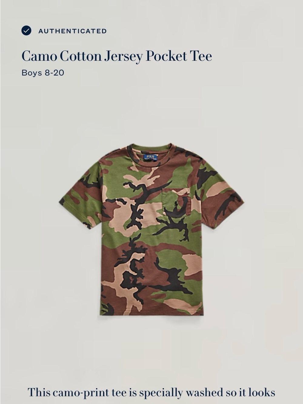 Polo Ralph Lauren Kids Sz 8 Camo Pocket T-Shirt - Green Camouflage, EUC